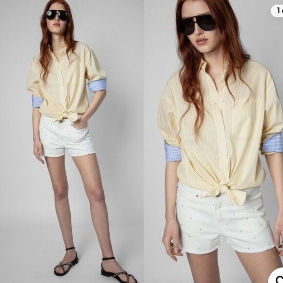 ZADIG & VOLTAIRE Womens Tais Raye Pop Shirt Yellow Striped Oversized SZ XS